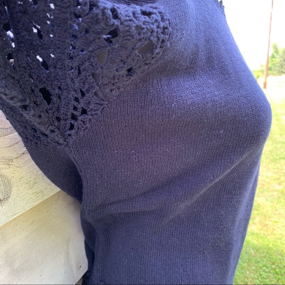 Vintage 90s Navy Blue Solid Print Crochet Trim Short Sleeve Knit Sweater Blouse - Picture 13 of 16